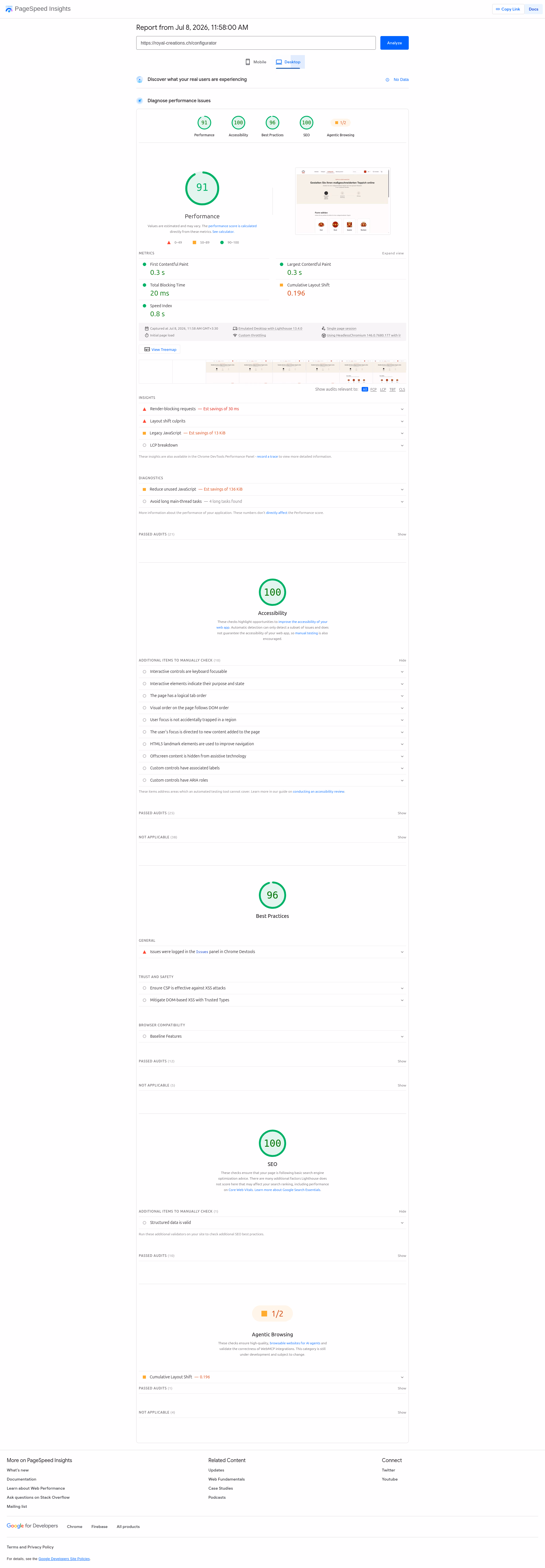 گزارش PageSpeed Insights ابزار پیکربندی - دسکتاپ