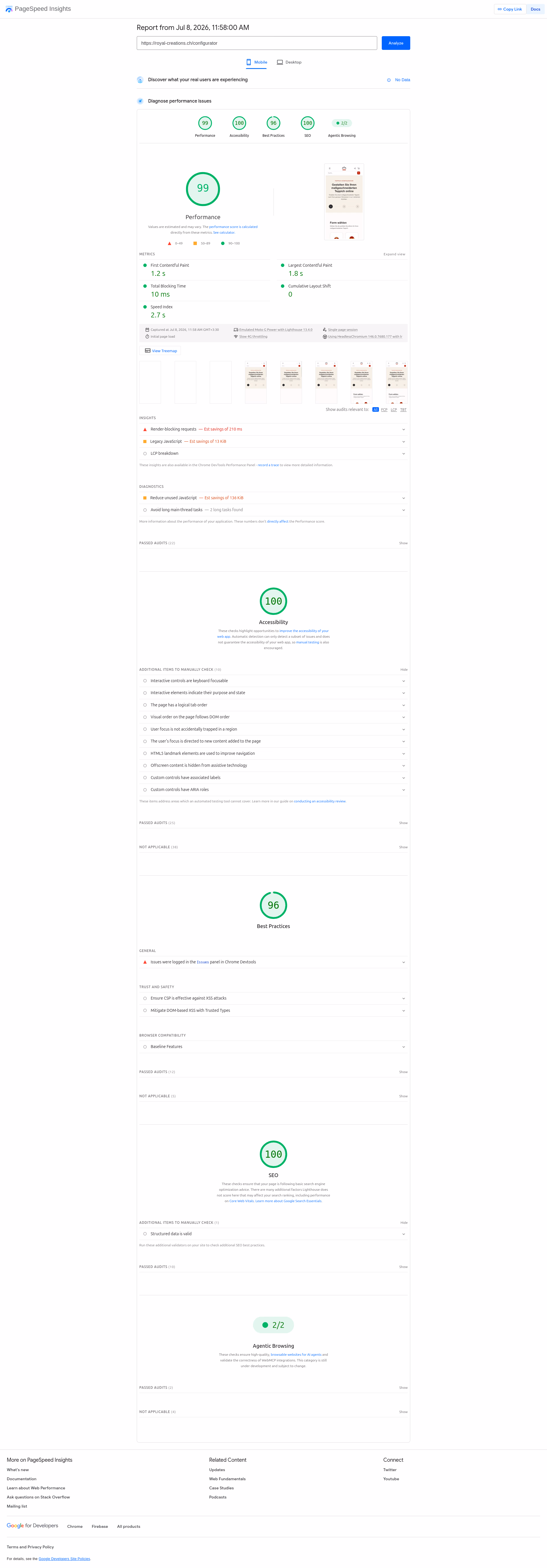 گزارش PageSpeed Insights ابزار پیکربندی - موبایل