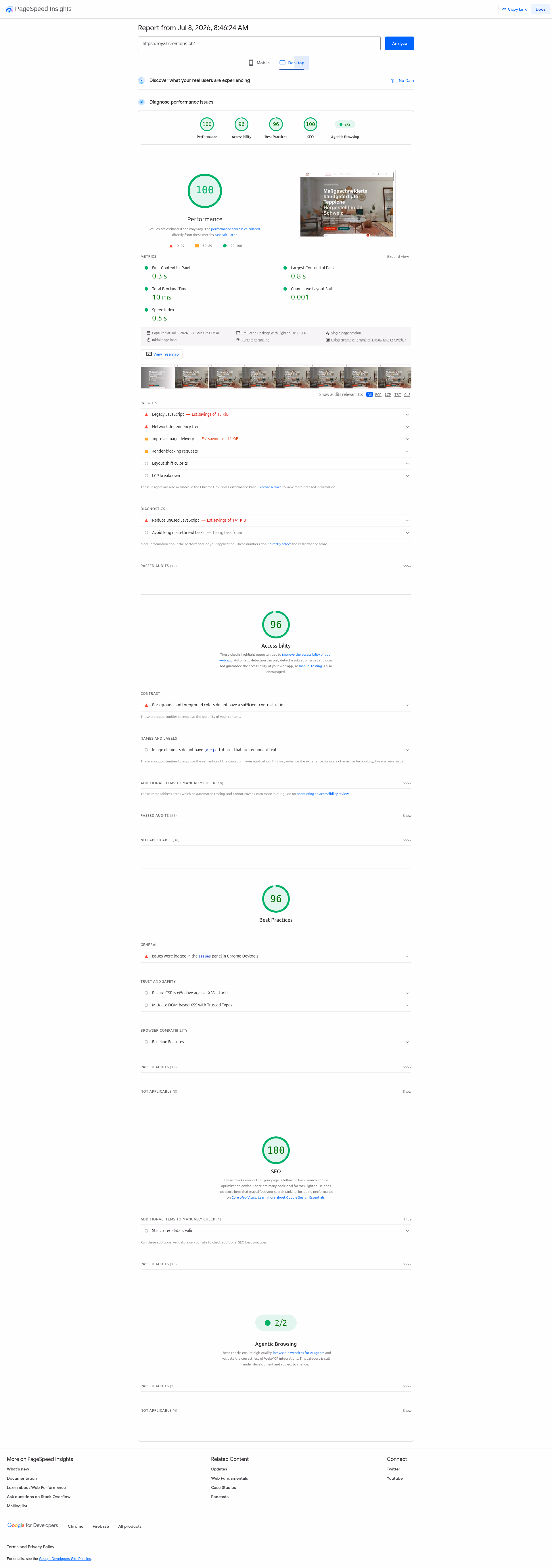 گزارش PageSpeed Insights صفحه اصلی - دسکتاپ