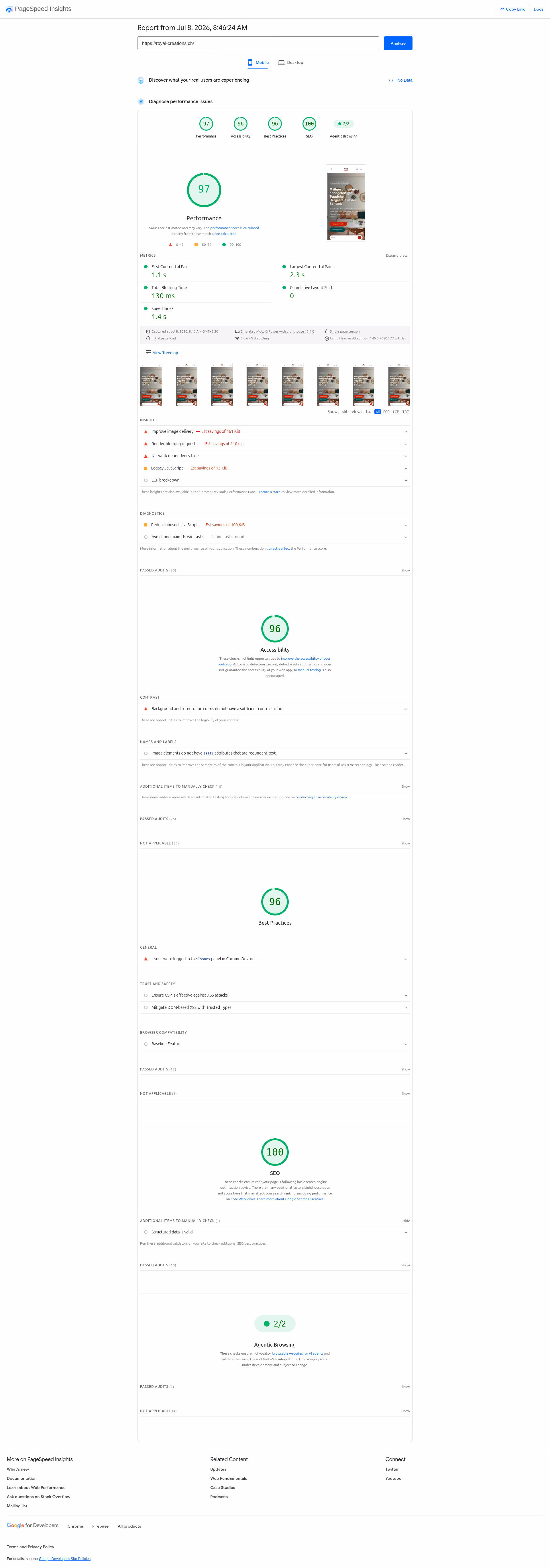 گزارش PageSpeed Insights صفحه اصلی - موبایل