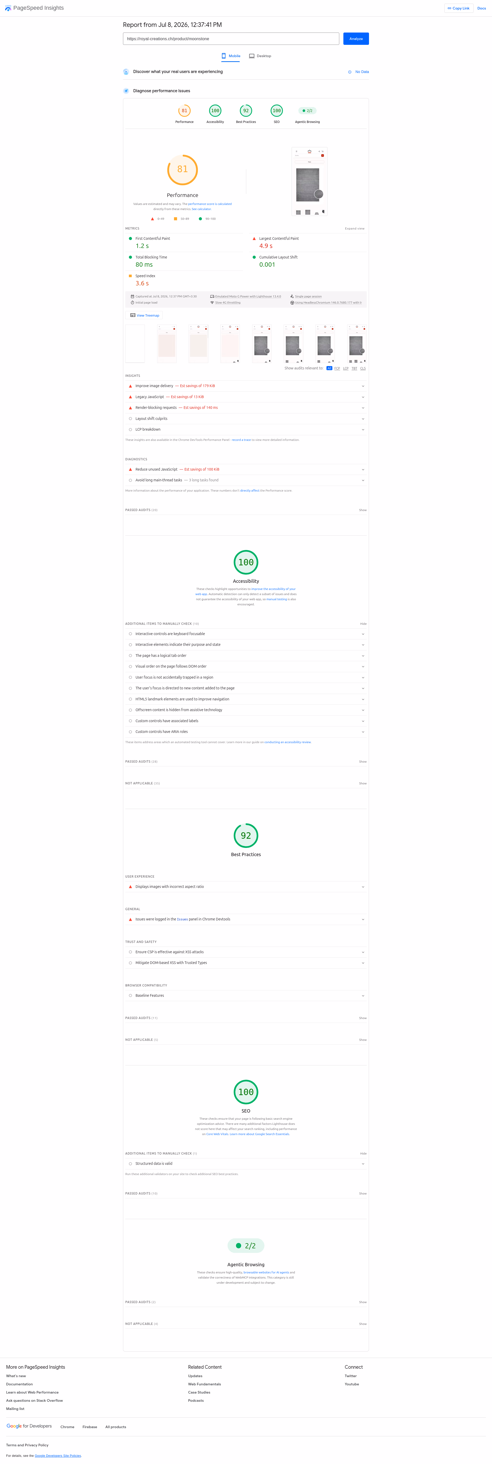 گزارش PageSpeed Insights صفحه محصول - موبایل
